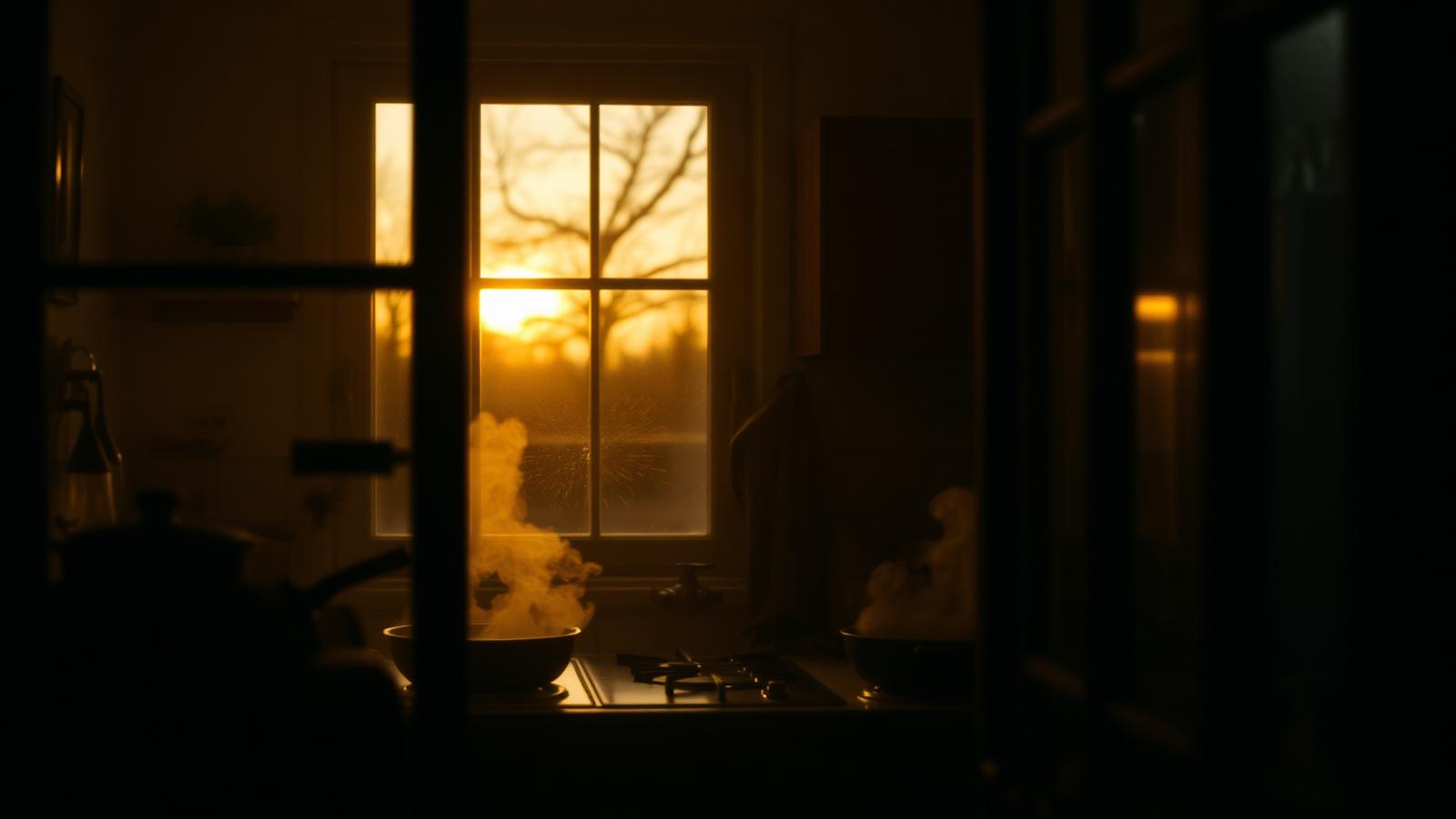 Cozy kitchen at golden hour with steam rising from a pan on the stove