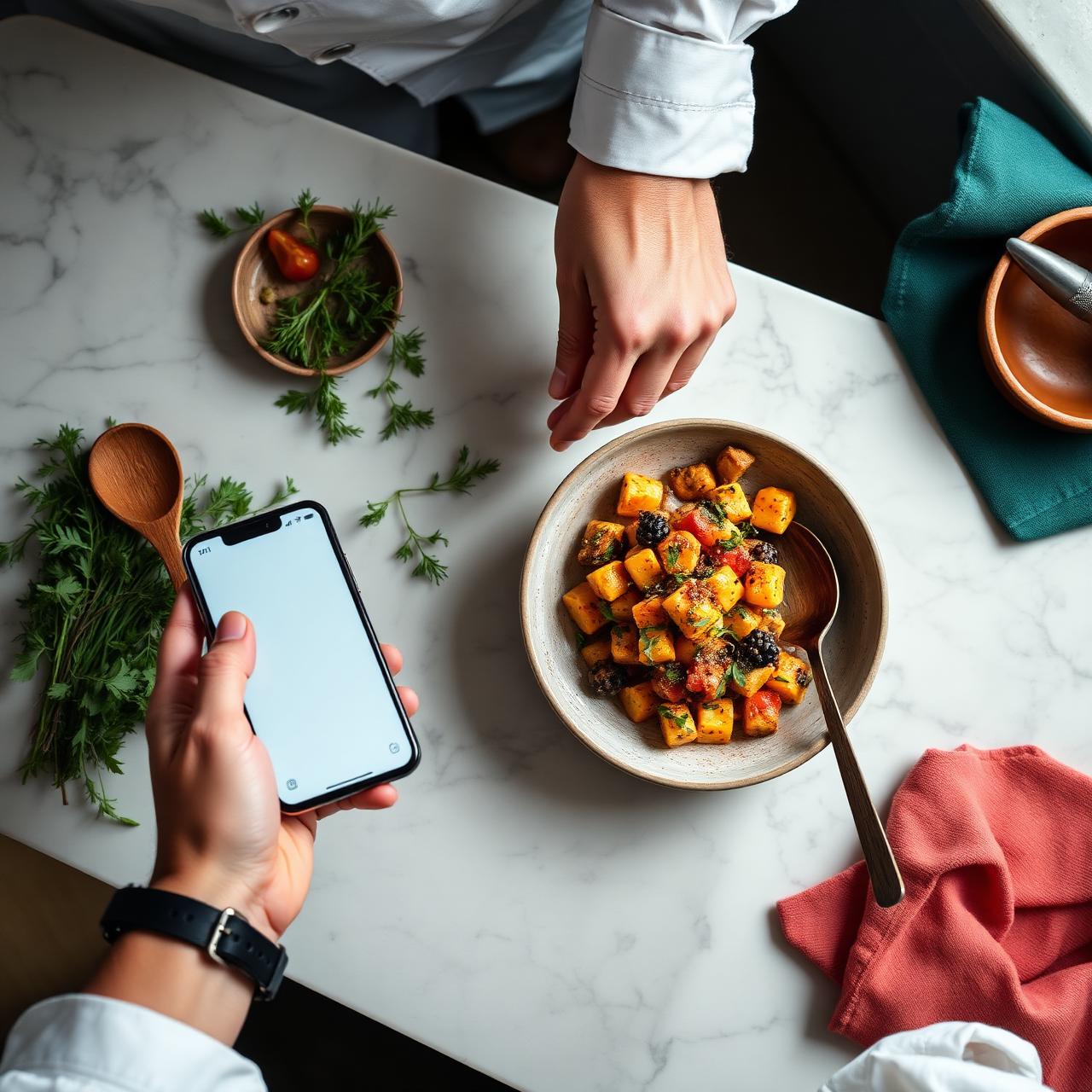 Chef plating food on a marble counter with phone, herbs and wooden spoon