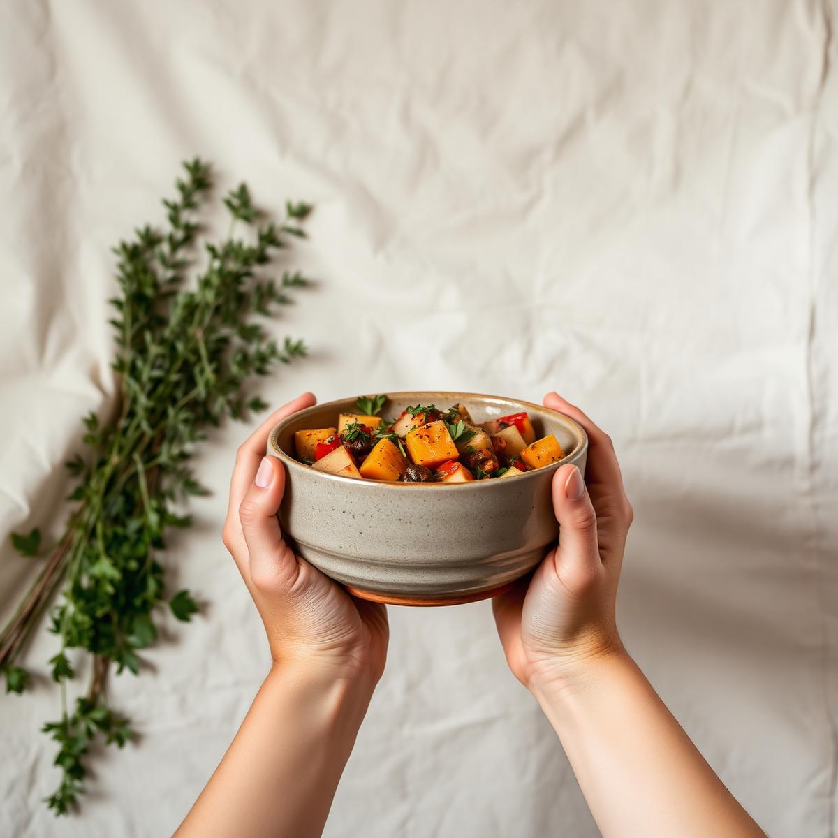 Hands holding a warm rustic ceramic bowl of healthy food
