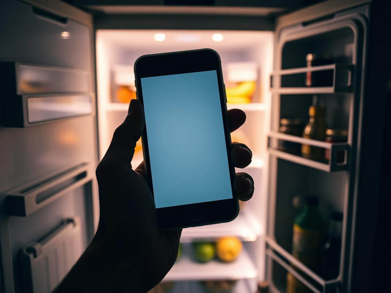 Person staring into an open fridge holding a phone, looking for dinner ideas