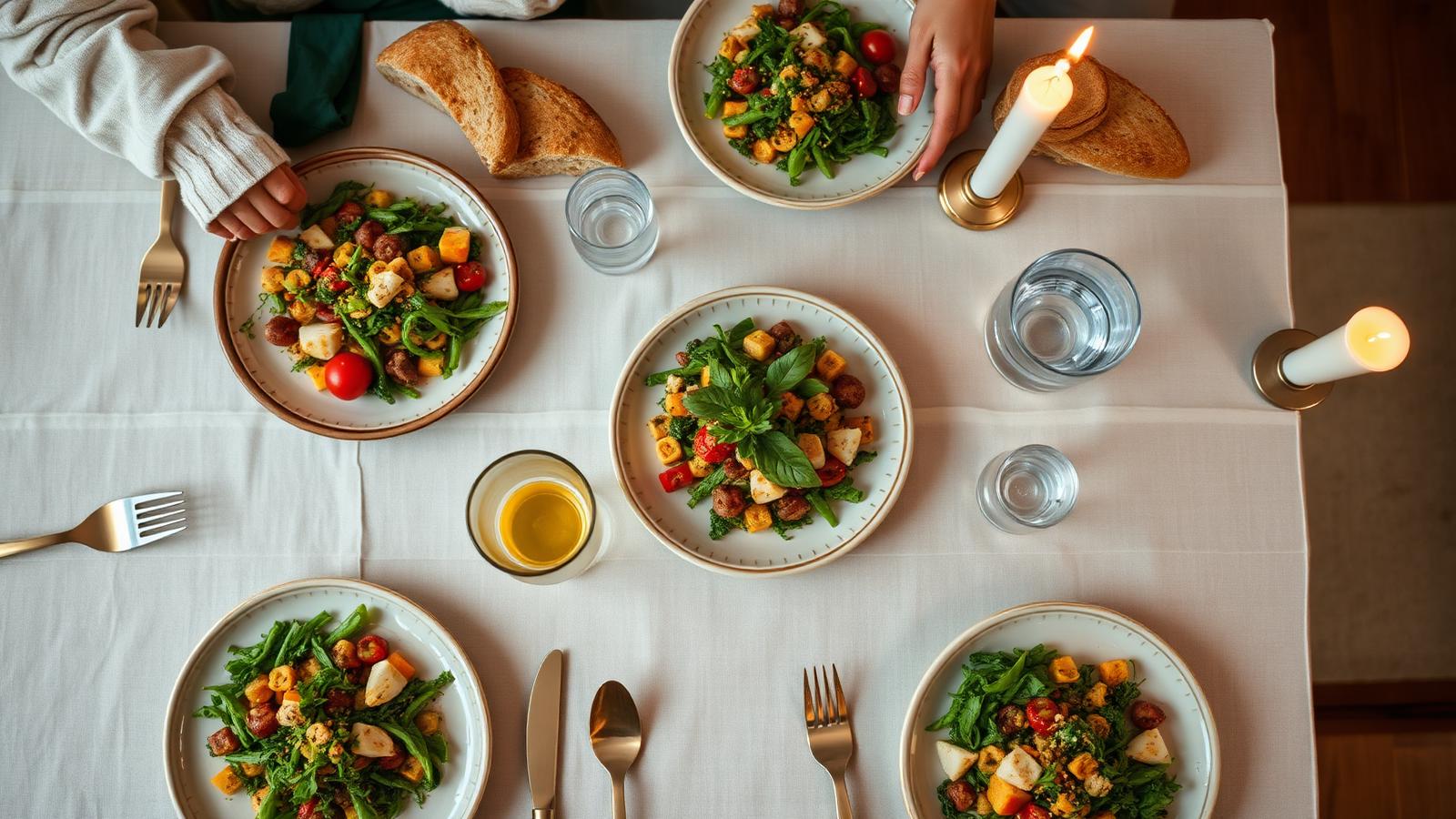 A warm family dinner table seen from above with healthy plated meals